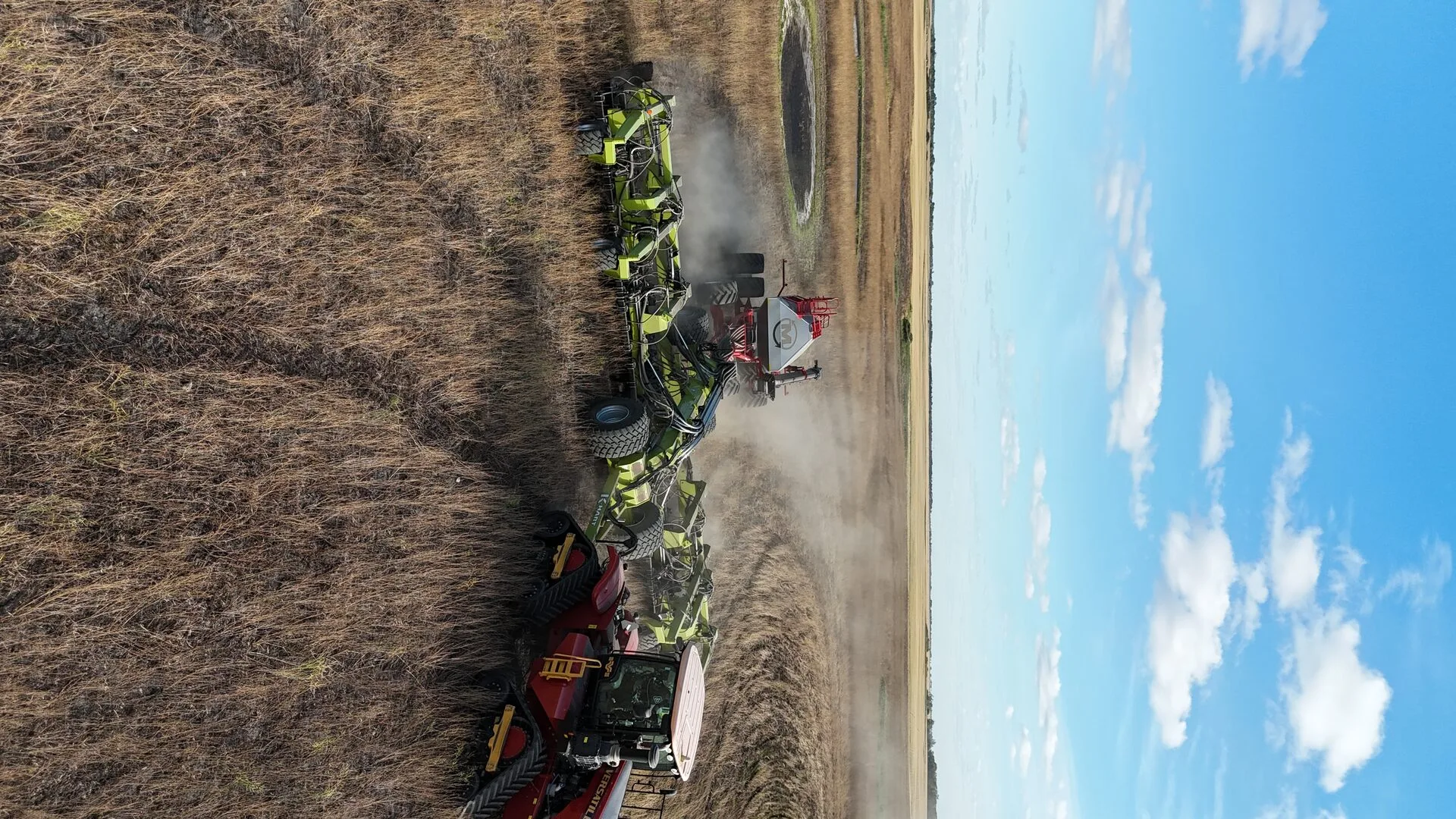Aerial drone view of Spyder drill working in the field